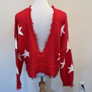 Wildfox Red Stars Palmetto Sweater V Neck Distressed Size Medium